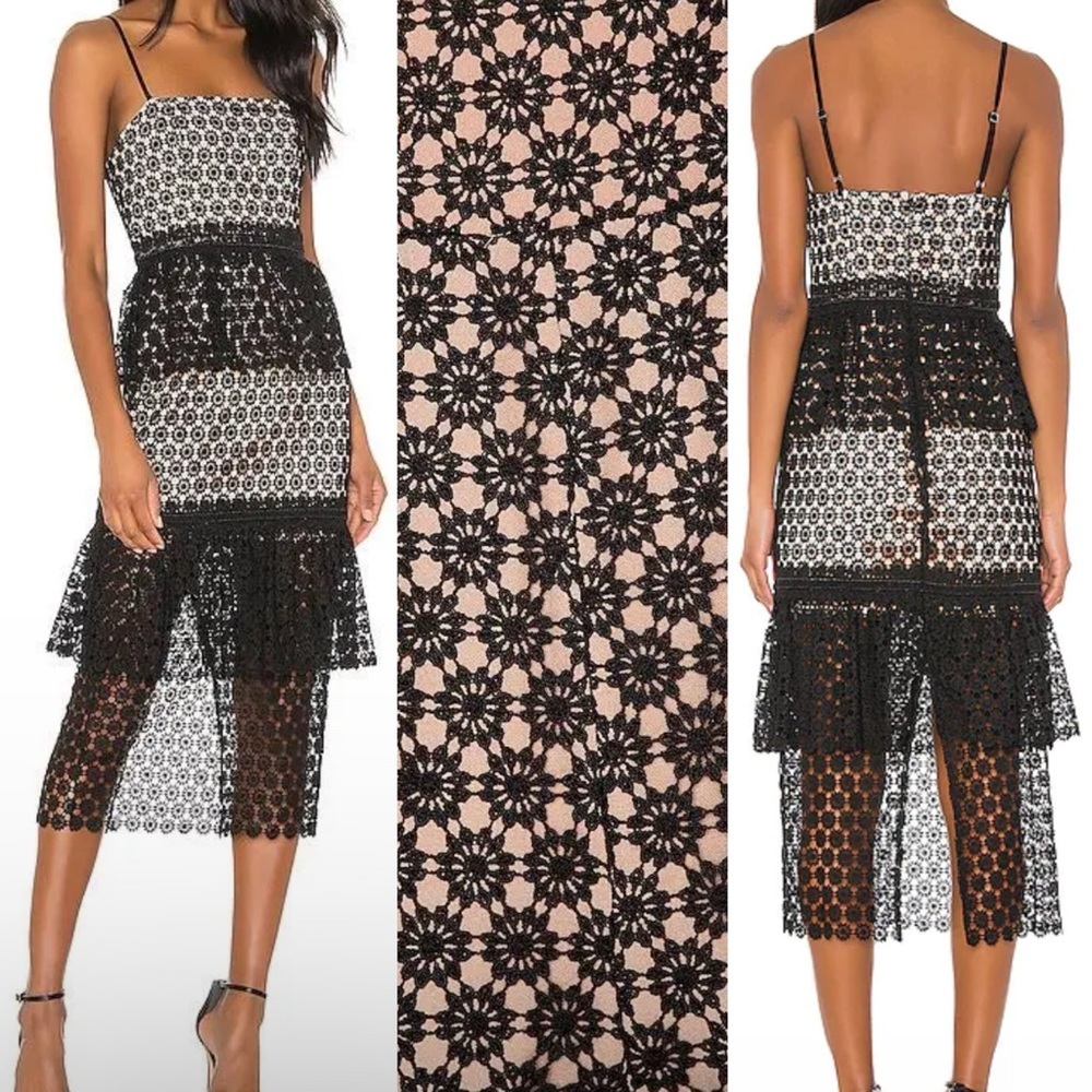 NBD Dolores Midi Dress in Black Revolve Lace Nude Black Tiered X-Small XS